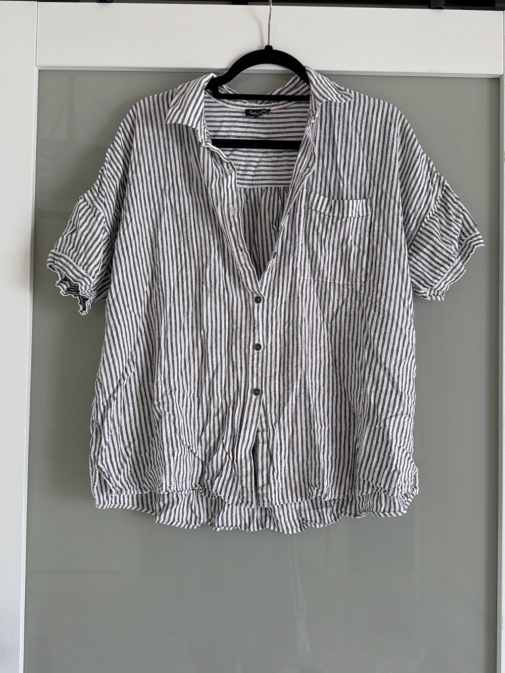 Womans Striped Short-Sleeve Button Shirt - White & Black